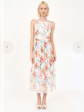 Sleeveless Floral Midi Dress in White with Pink and Coral